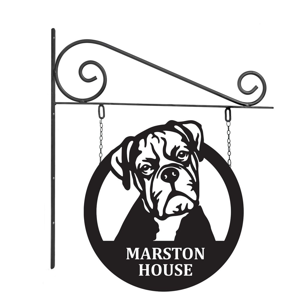 Close-Up of Circular Steel Boxer Dog Hanging House Name Sign