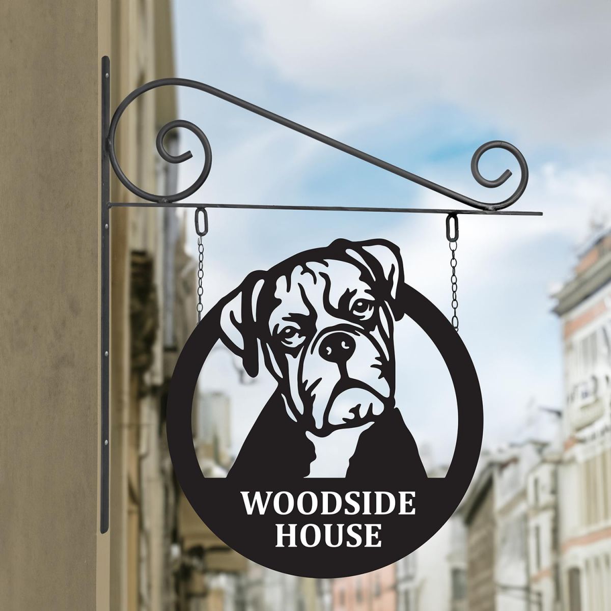 Circular Steel Hanging House Name Sign with Boxer Dog 