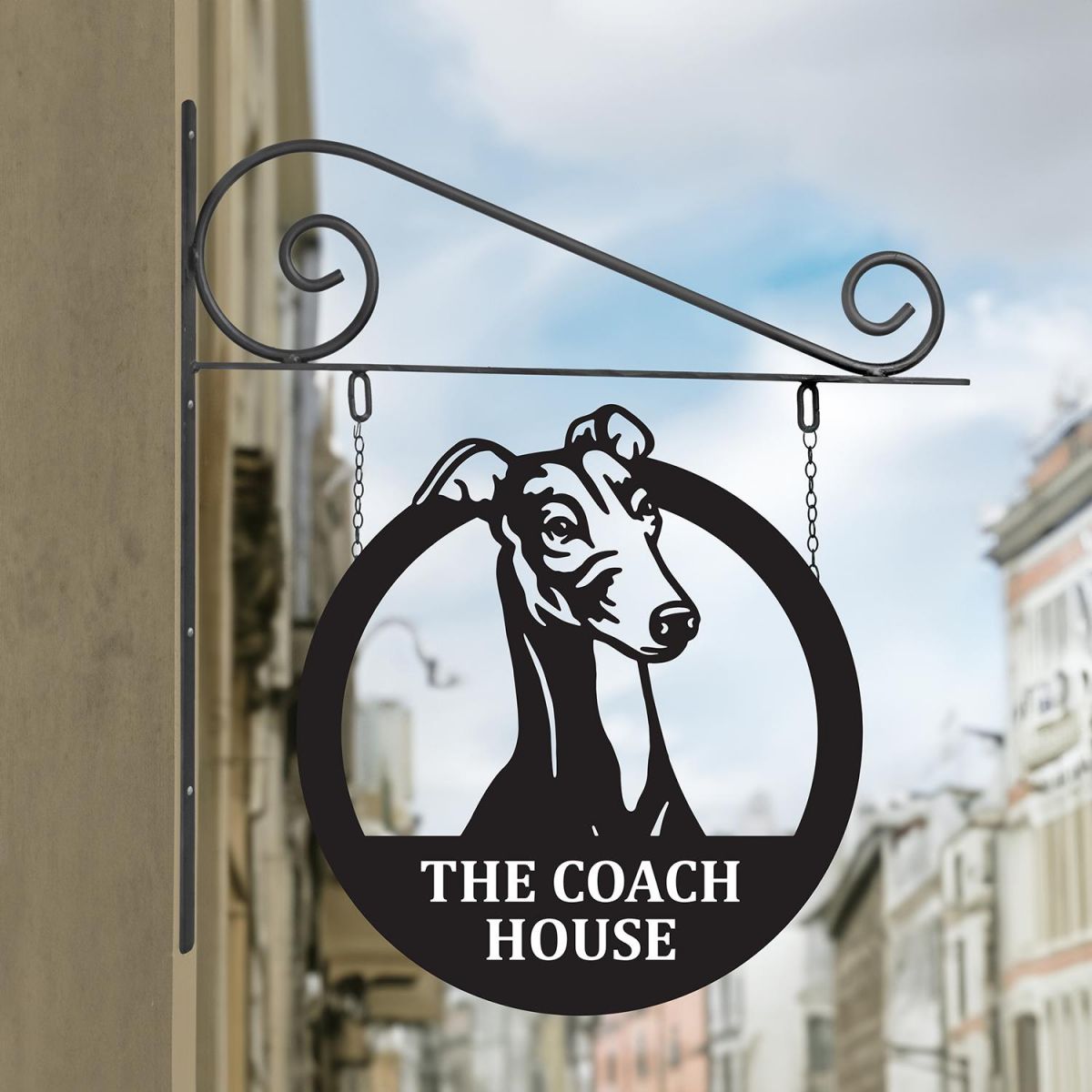 Circular Steel Hanging House Name Sign with Greyhound Design