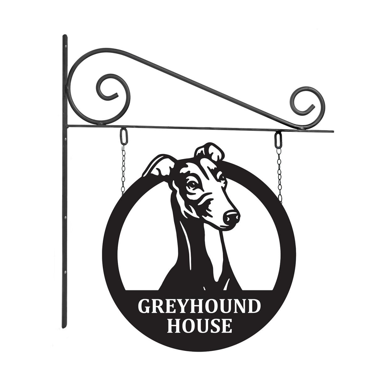 Close-Up of Circular Steel Greyhound Hanging House Name Sign