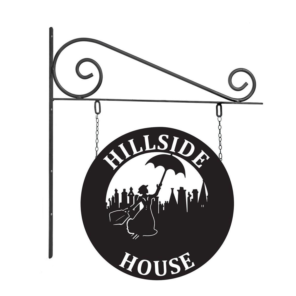 Close-Up of Circular Steel Mary Poppins Hanging House Name Sign