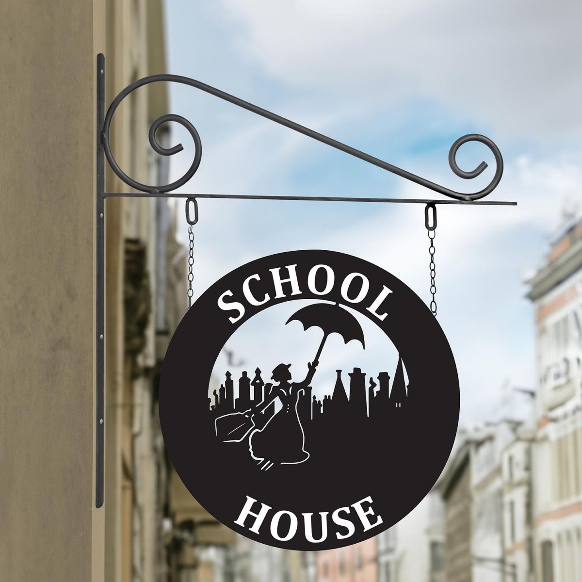 Circular Steel Hanging House Name Sign with Mary Poppins Design