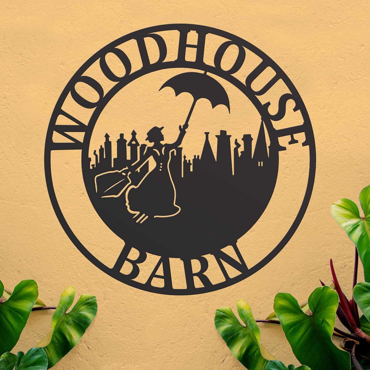 Situ Shot of Circular Steel House Name Sign with Mary Poppins Design
