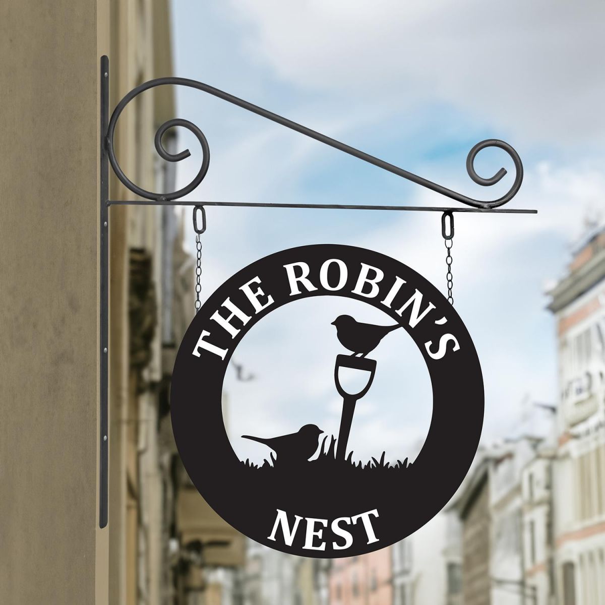 Circular Steel Robins Hanging House Name Sign in Situ