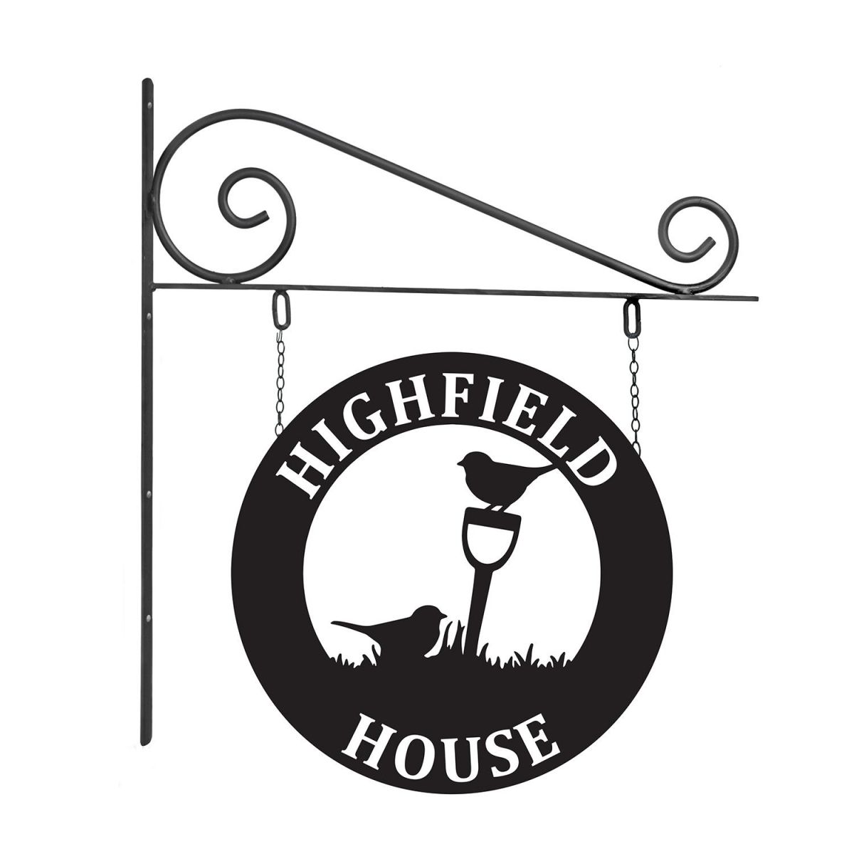 Close-Up of Circular Steel Robins Hanging House Name Sign