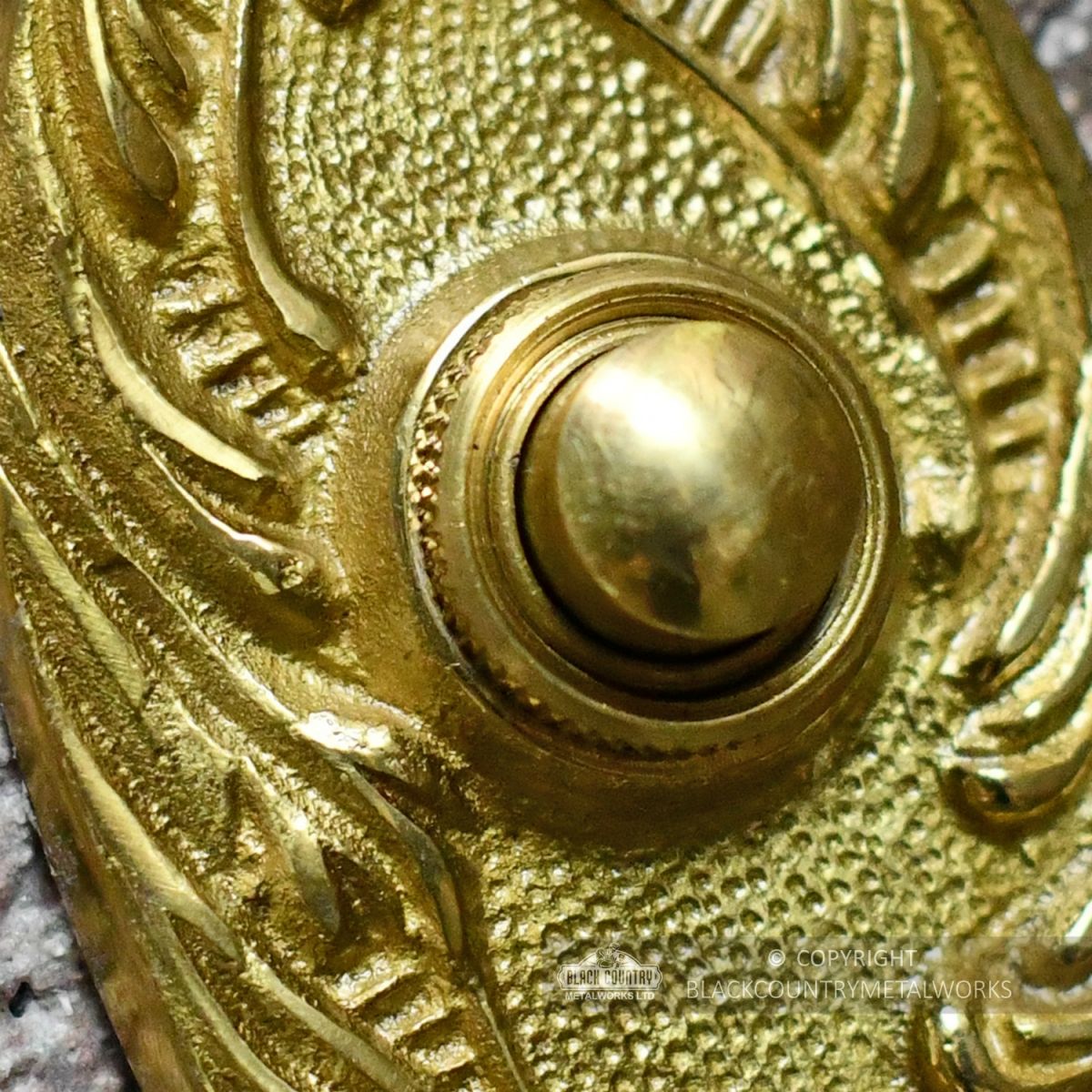 Clarice Oval Polished Brass Ornate Bell Push Close Up Clarice Oval Polished Brass Ornate Bell Push Close Up