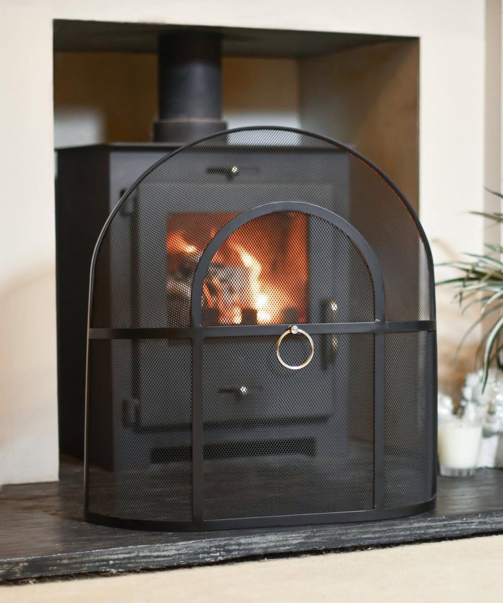 Classic Black Arched Fire Guard with Circular Handle