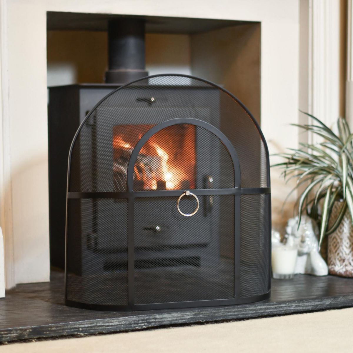 Classic Black Arched Fire Guard with Circular Handle