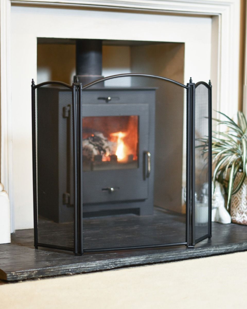 Classic Black Three Fold Fire Guard In Situ