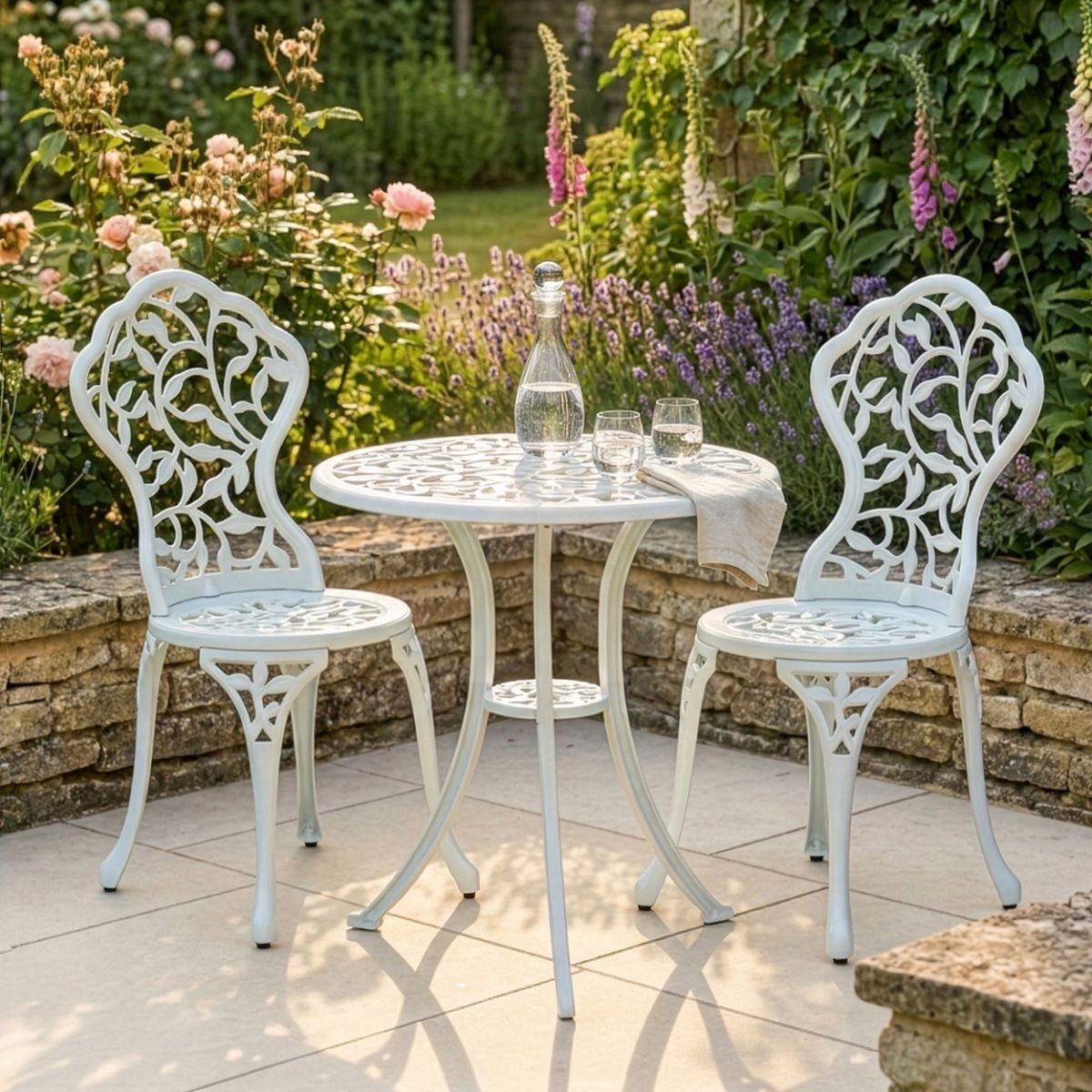 Classic White "Rosette" Two Seater Bistro Set digital illustration dressed table