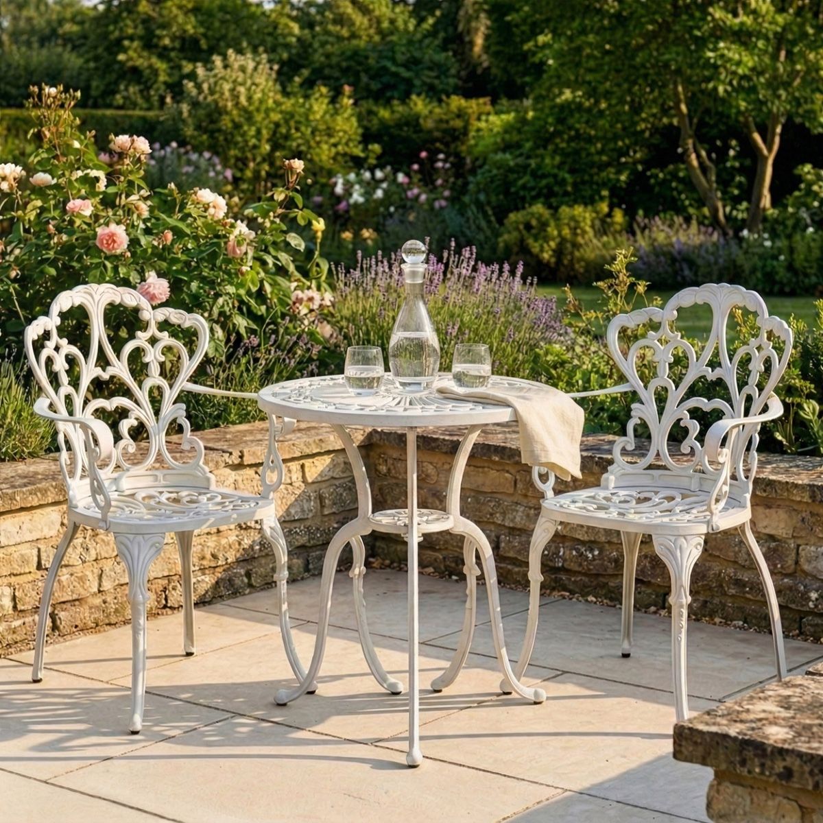 Classic White "Victoria" Two Seater Bistro Set digital illustration dressed table