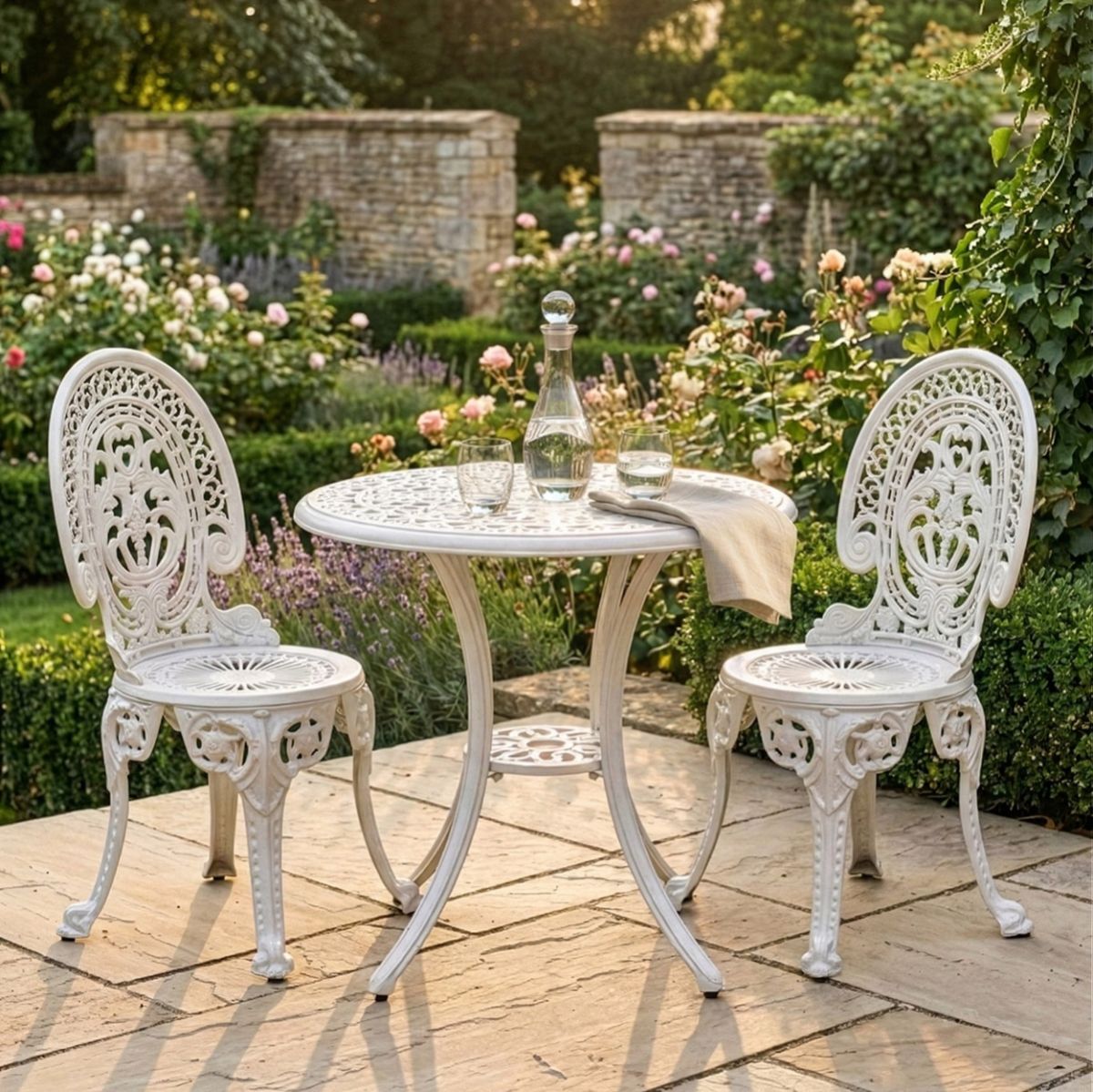 Classic White "Hamptons" Two Seater Garden Table & Chair Set digital illustration dressed table