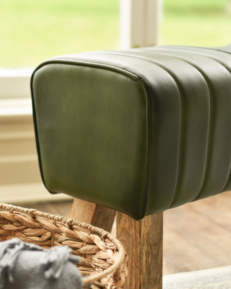 The "Forrest" Green Leather & Mango Wood Bench Close-Up