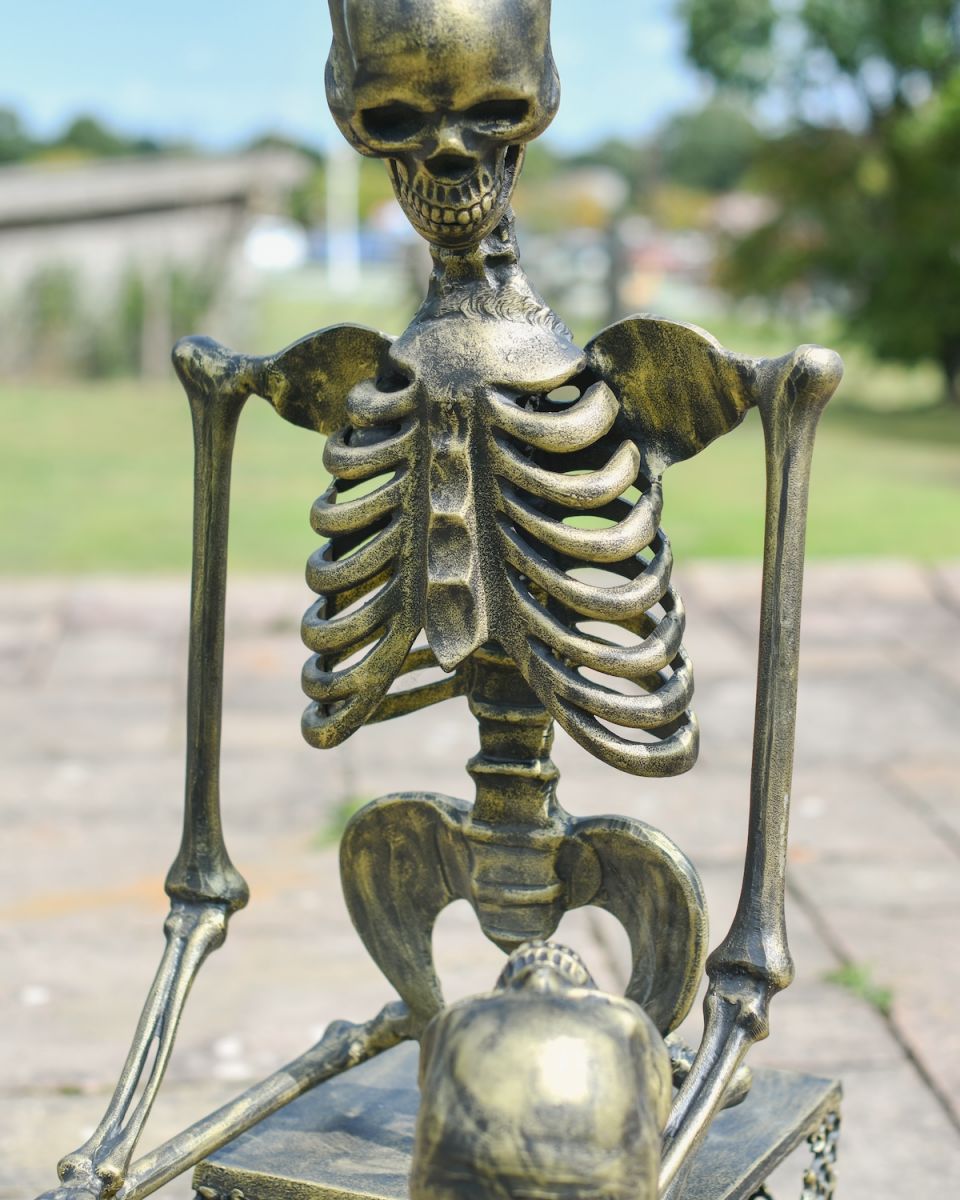 Close up of rib detail on skeleton garden sculpture