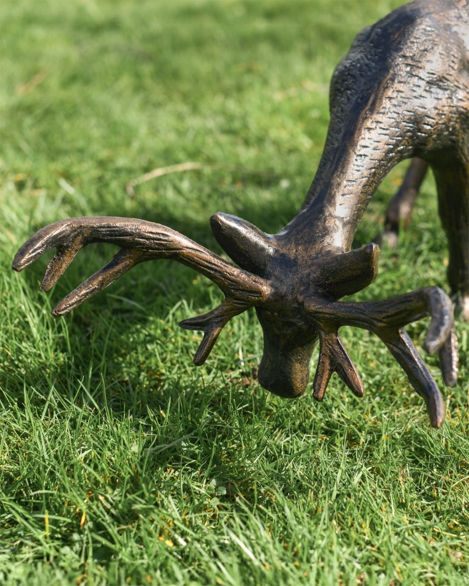 Close Up Of Brushed Bronze Grazing Stag Garden Sculpture