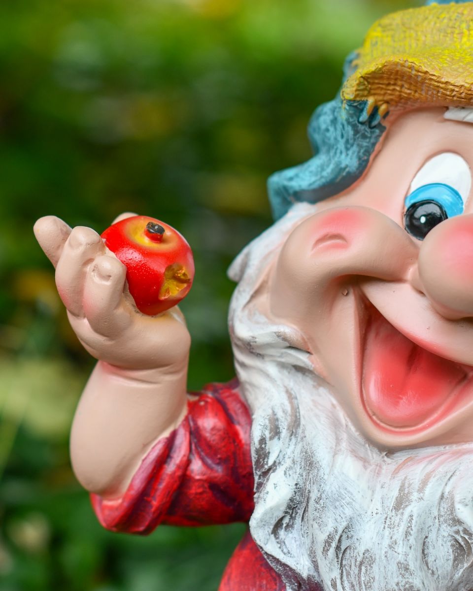 Close up of apple detail on colourful garden gnome