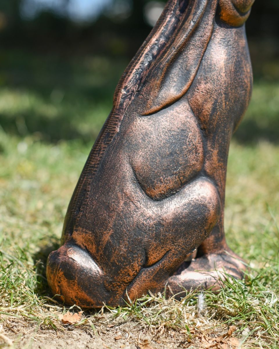 Close up of back detail on cast aluminium bronze rabbit garden sculpture