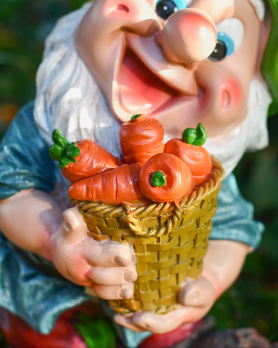 Close up of basket of carrots detail on colourful garden gnome sculpture