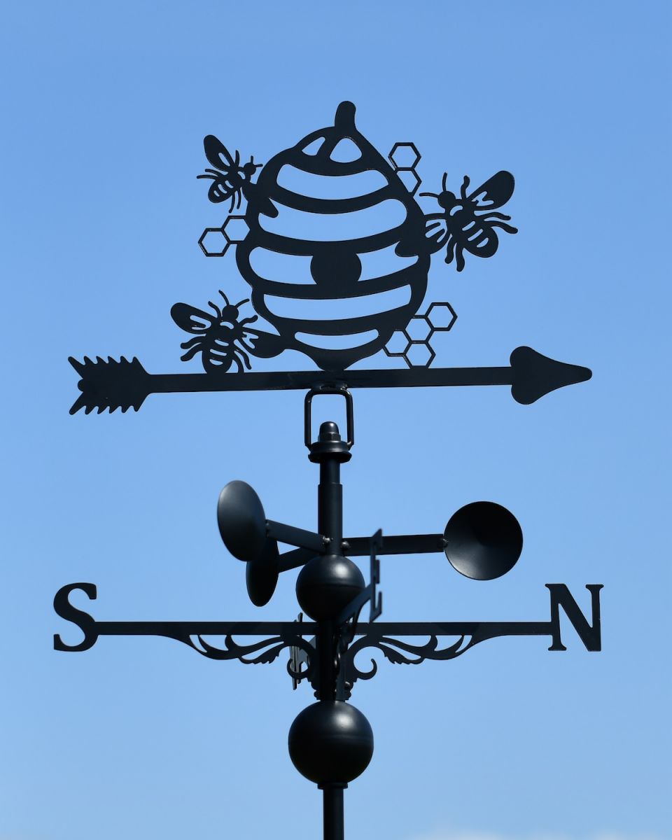 Close up of intricate detail on black garden weathervane