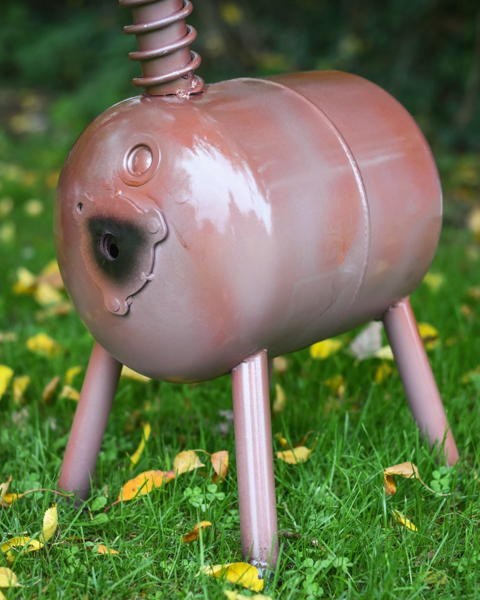 Close up of recycled gas cannister detail on recycled metal gas cannister donkey