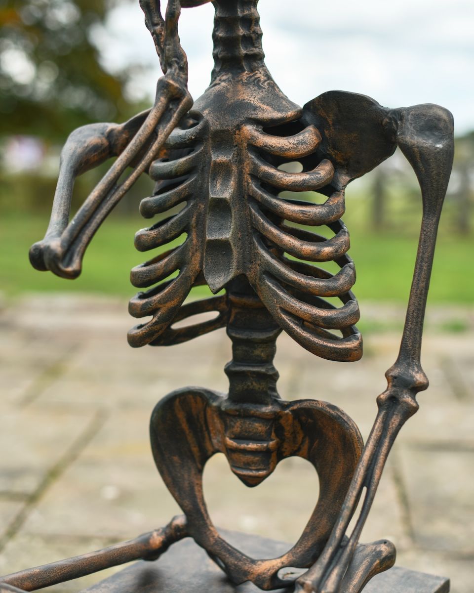 Scale image of body and rib detail on copper skeleton patio statue