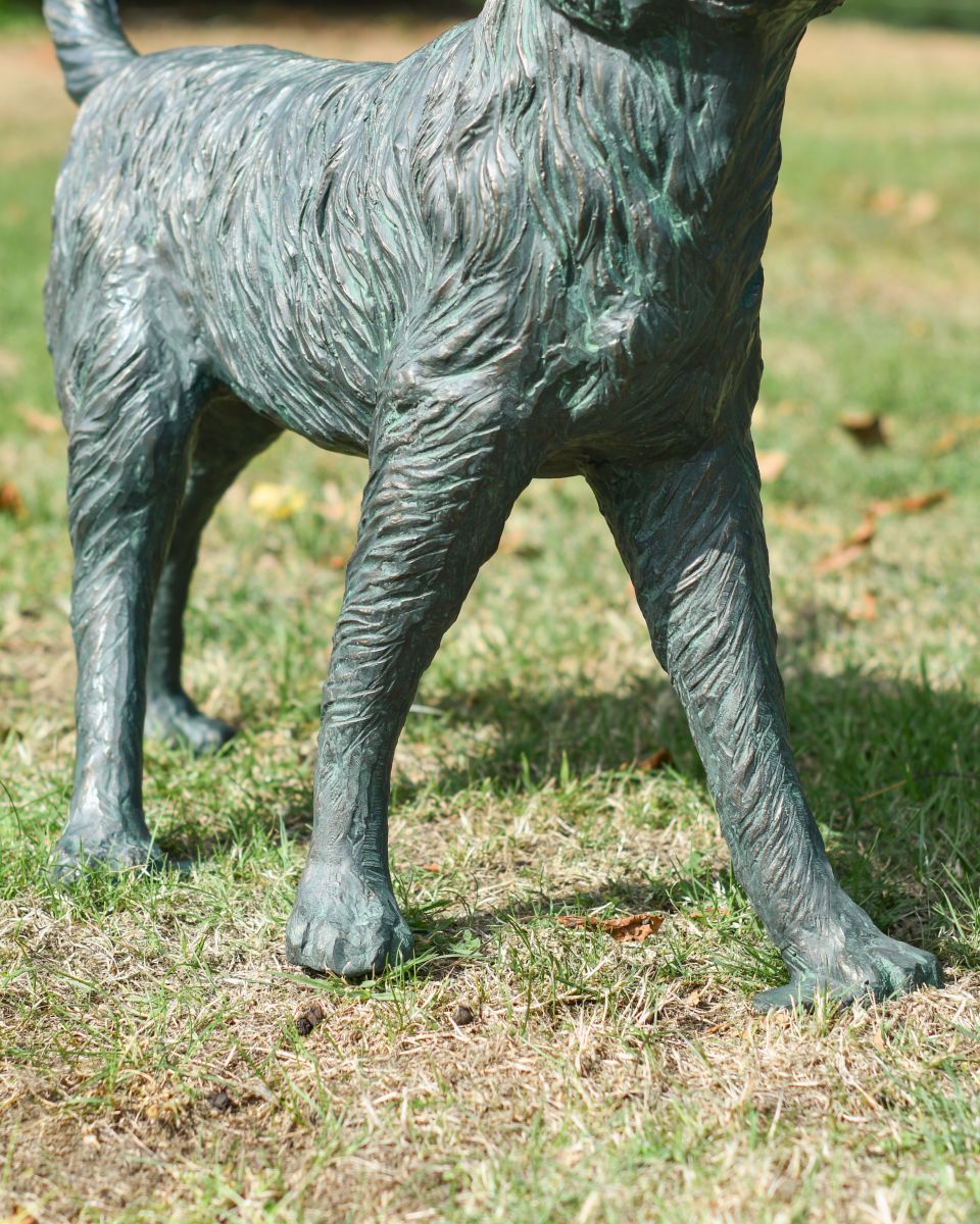Close up of intricate fur detail on "Sunny" the Verdigris Retriever Dog Sculpture