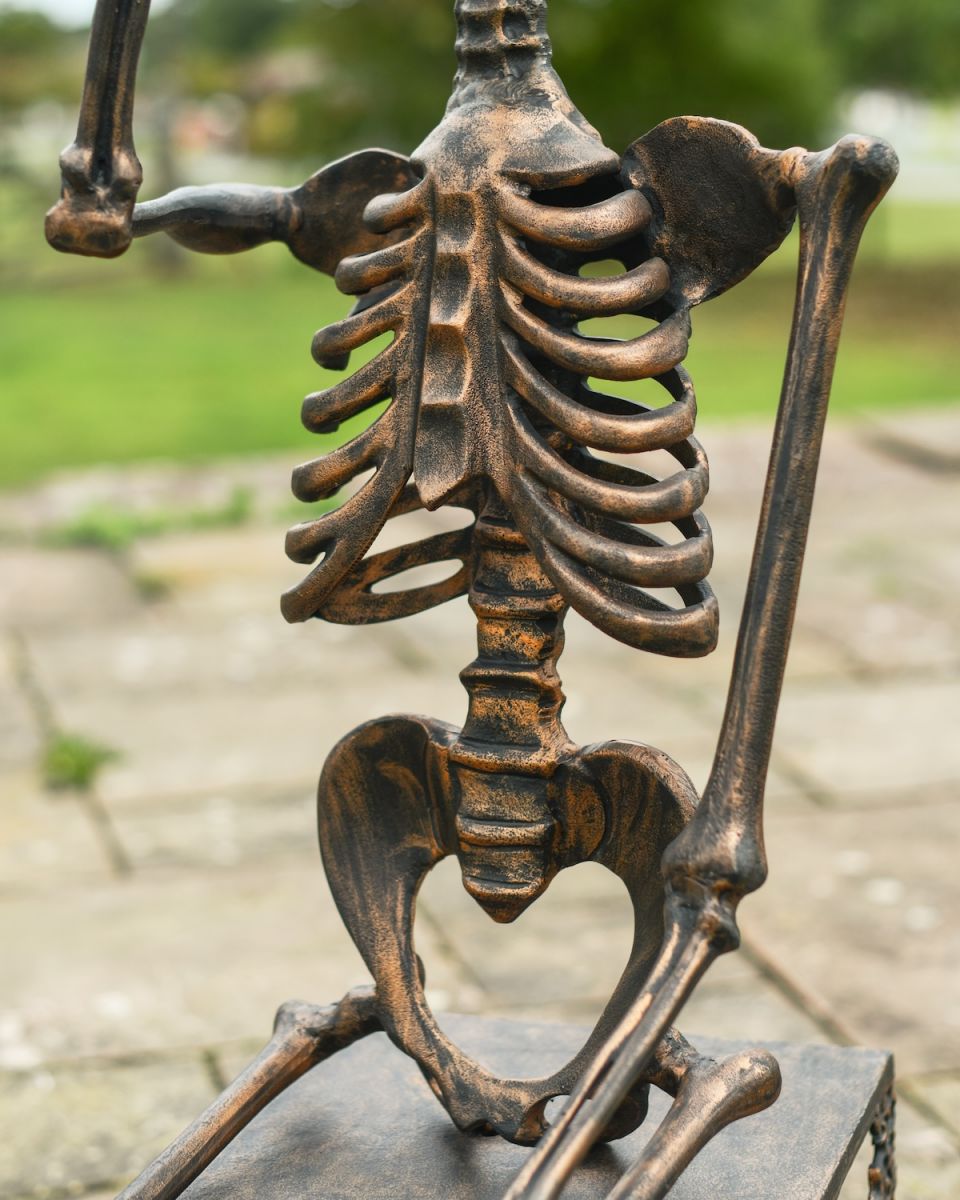 Close up of rib and body detail on skeleton garden sculpture