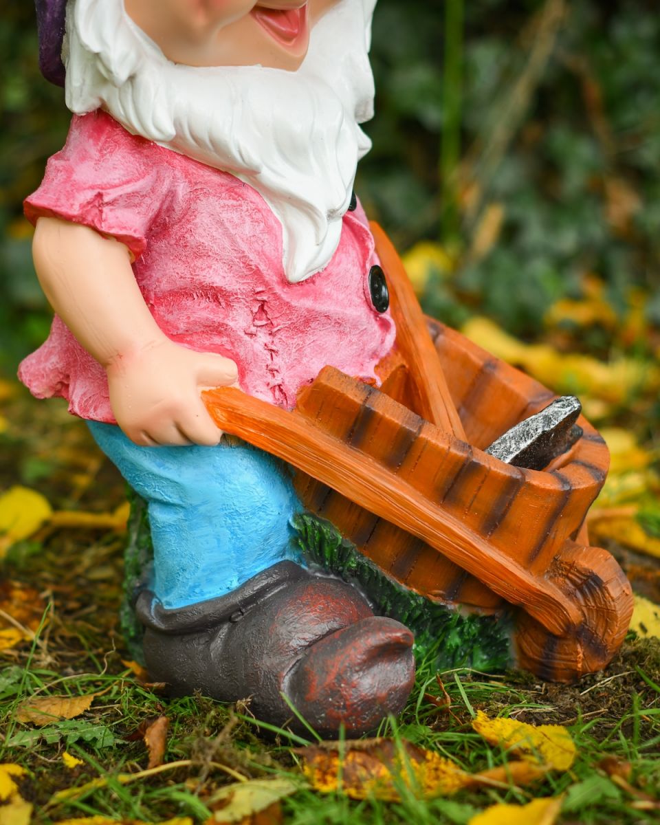 Close up of intricate body detail on colourful garden gnome sculpture