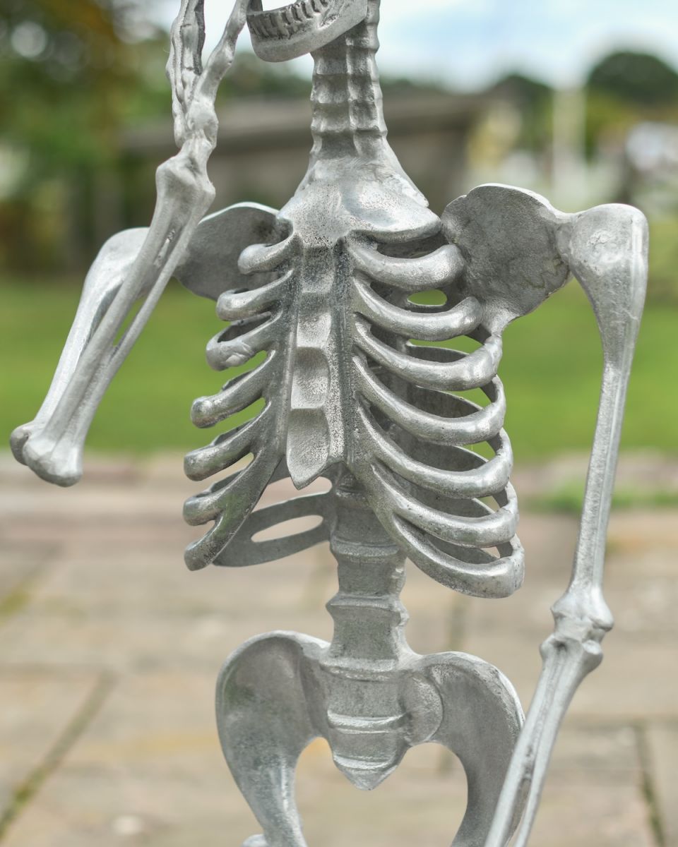 Close up of rib and body detail on skeleton outdoor statue