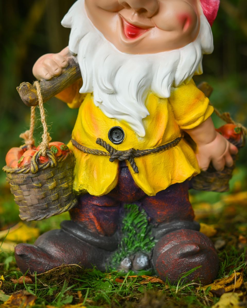 Close up of intricate clothes detail on colourful garden gnome ornament
