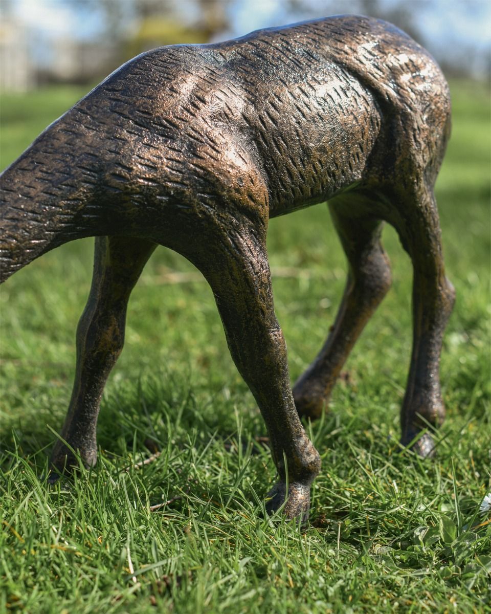 Close Up Of Brushed Bronze Grazing Stag Garden Sculpture