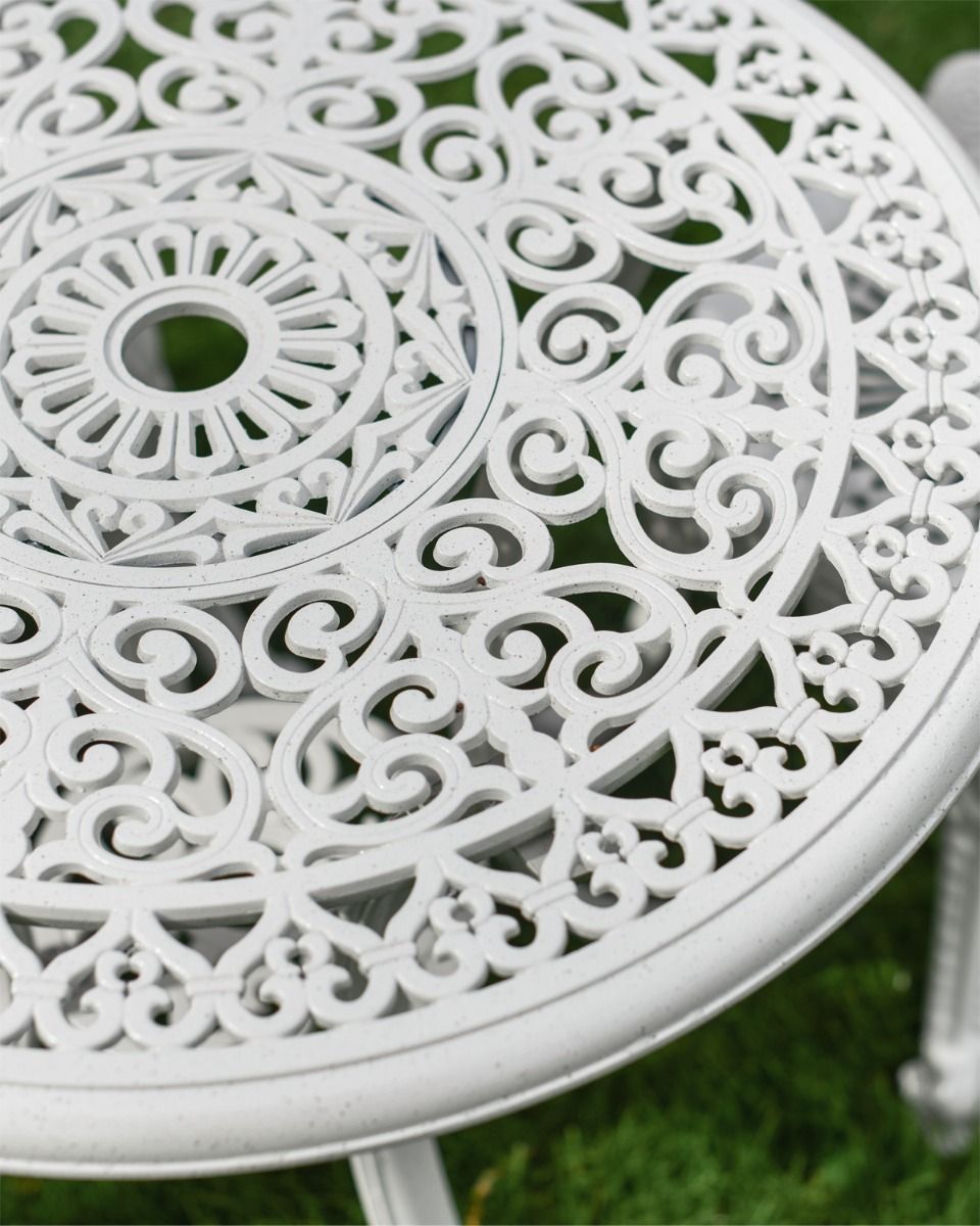 Swirl Pattern and Parasol Holder on White Garden Table 