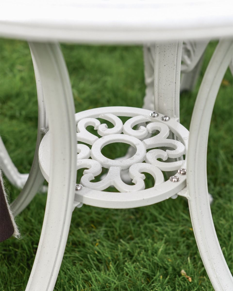 Close up of White cast Aluminium Bistro Set Parasol Holder 
