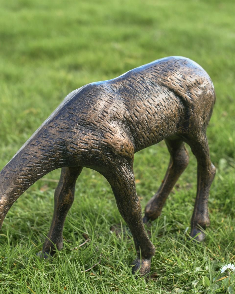Close Up Of Brushed Bronze Grazing Stag Garden Sculpture