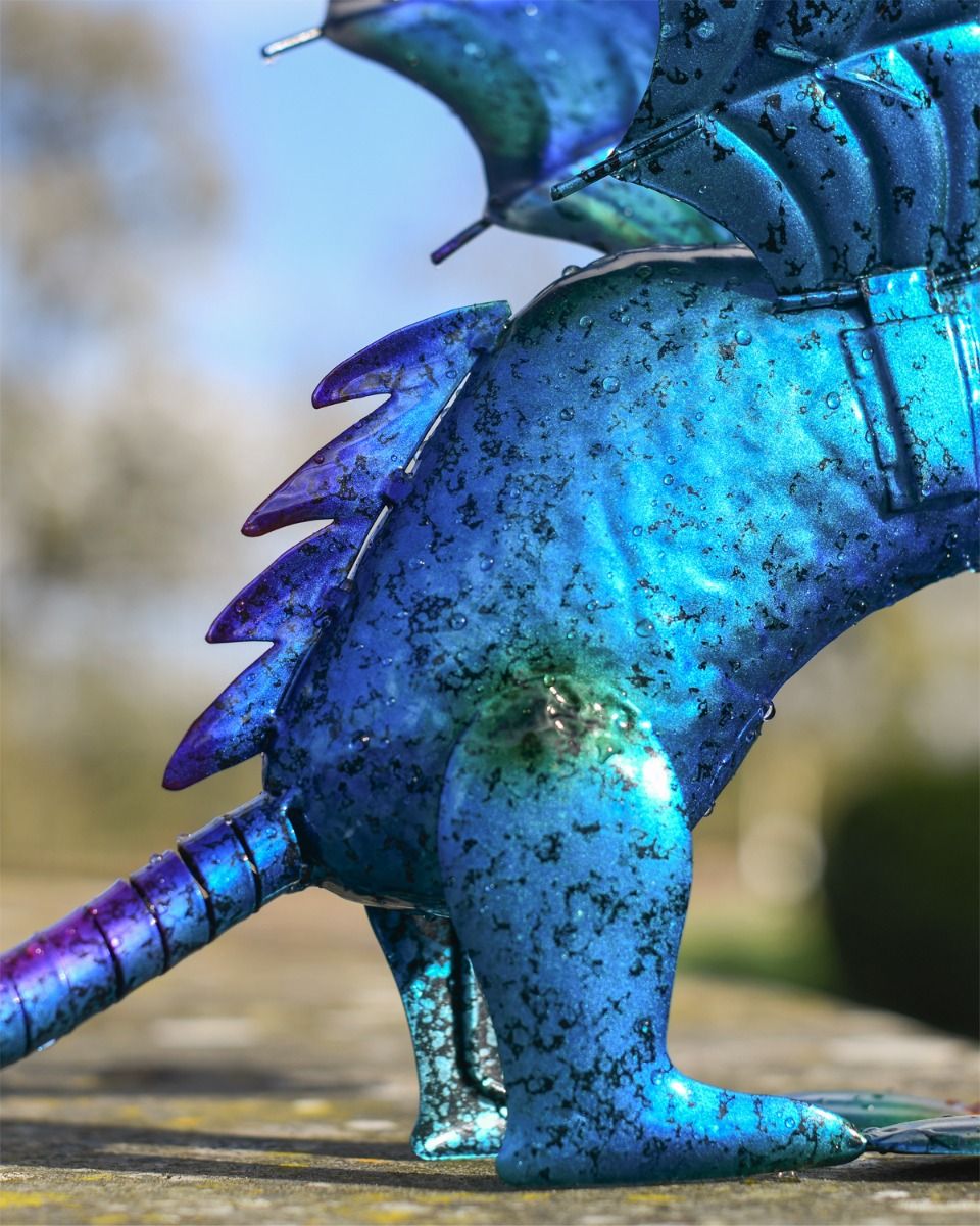 Blue Metal Baby Dragon Garden Sculpture 