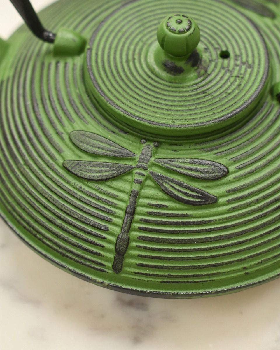 Close Up of Dragonfly Embossed Patten on Green and Black Teapot 