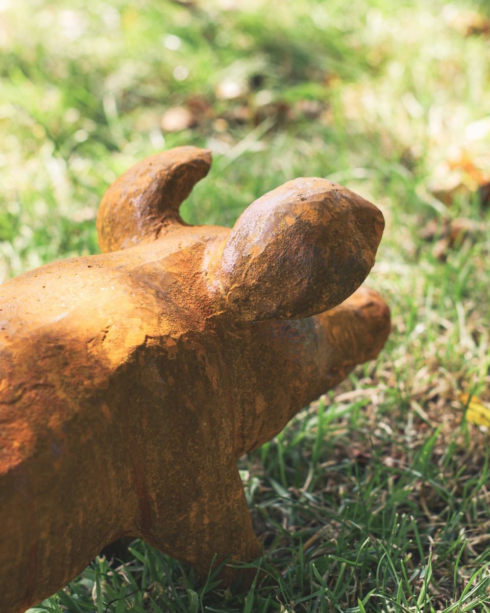 Close up of ear detail on rustic finish outdoor statue