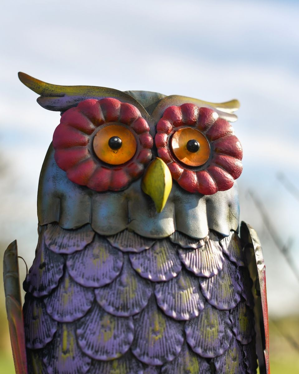 Angled view of bird steel garden ornament