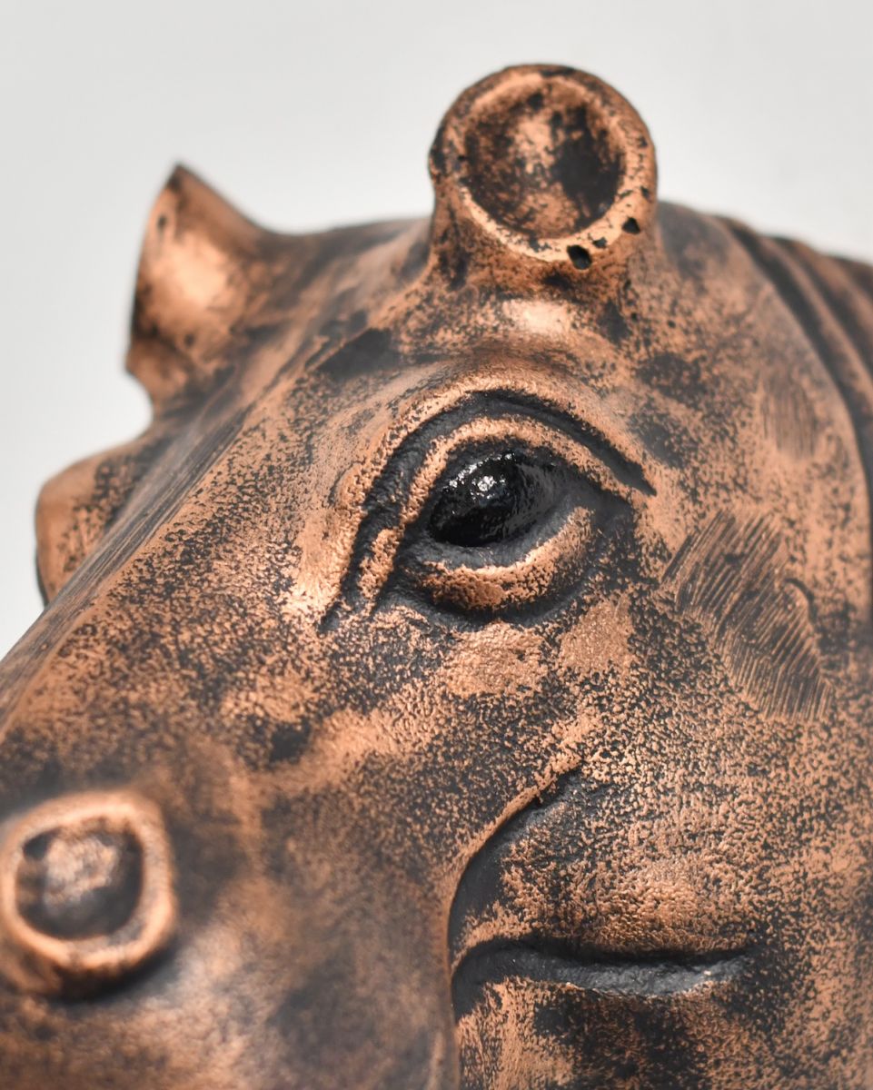 Close up of intricate face detail on Copper Hippo Wall Bust
