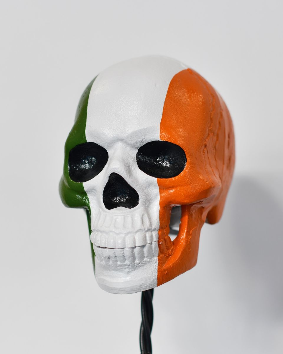 Close up of handpainted detail on irish flag skull ornament