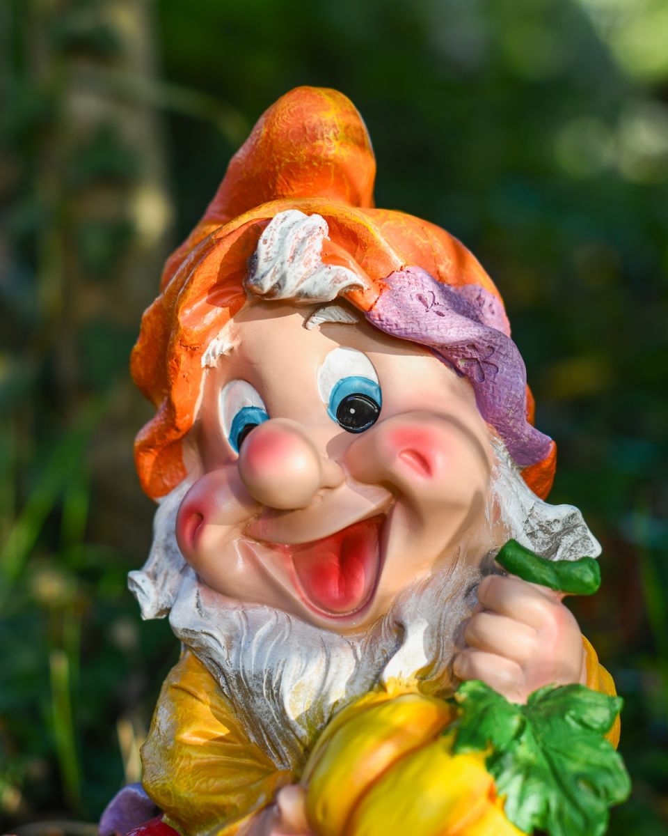 Close up of intricate face detail on colourful garden gnome ornament