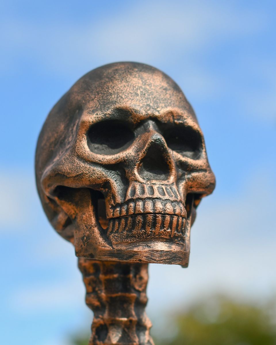 Close up of intricate face detail on skeleton outdoor statue
