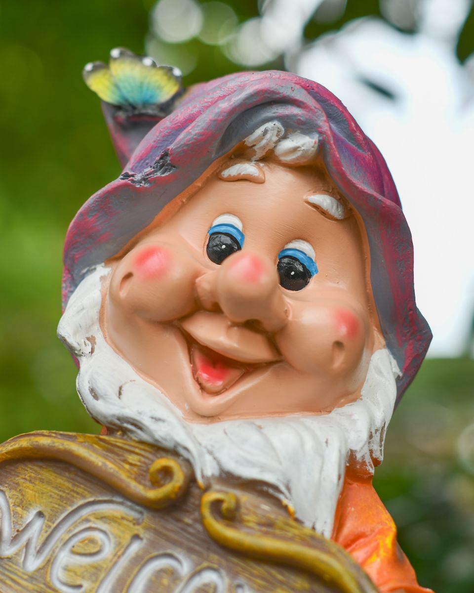 Close up of intricate face detail on "Phineas" the Welcoming Garden Gnome