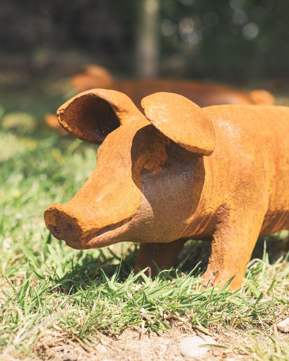Close up of intricate face detail on rustic finish pig garden sculpture