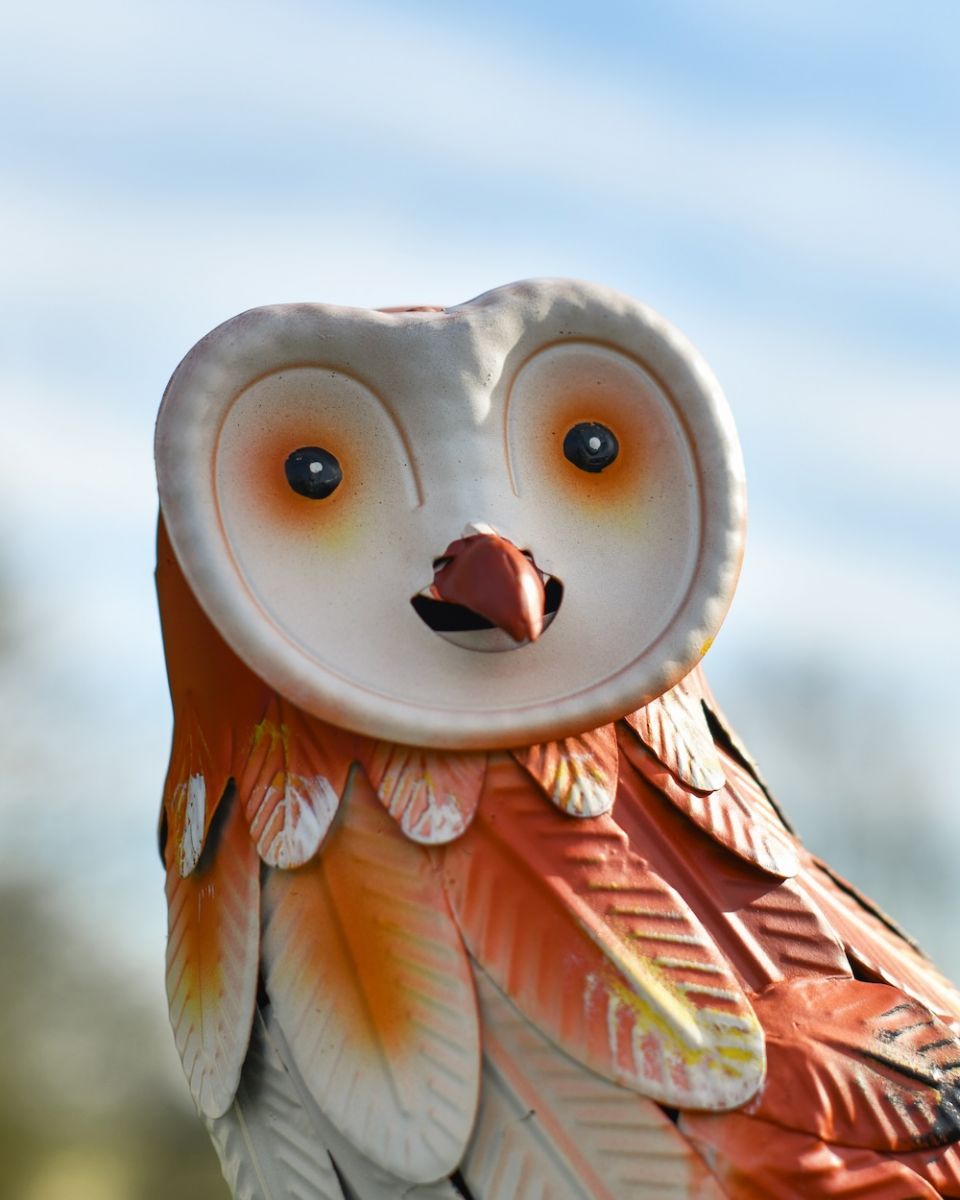 Close up of face detail on Opal the Owl Steel Garden Sculpture