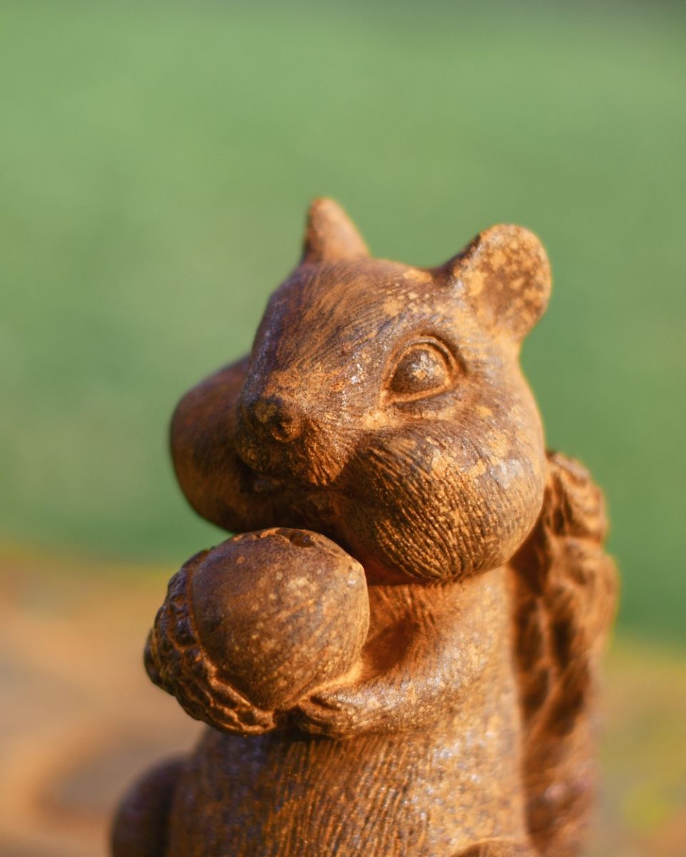 Close up of detail on cast iron squirrel garden statue Close up of detail on cast iron squirrel garden statue