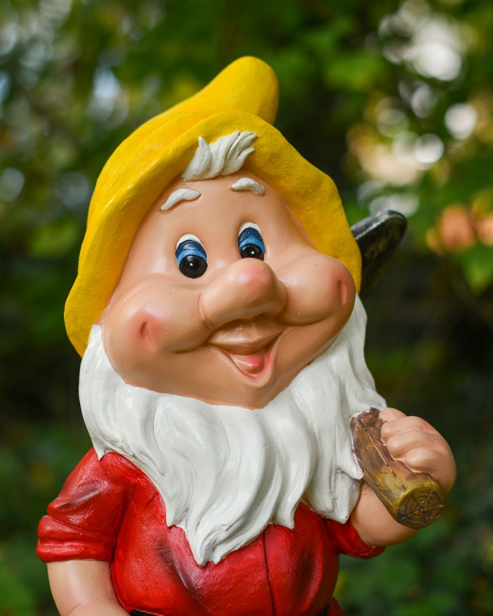 Close up of intricate face detail on colourful garden gnome ornament