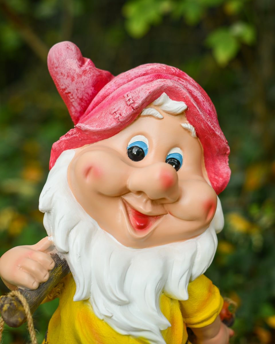 Close up of intricate face detail on garden gnome