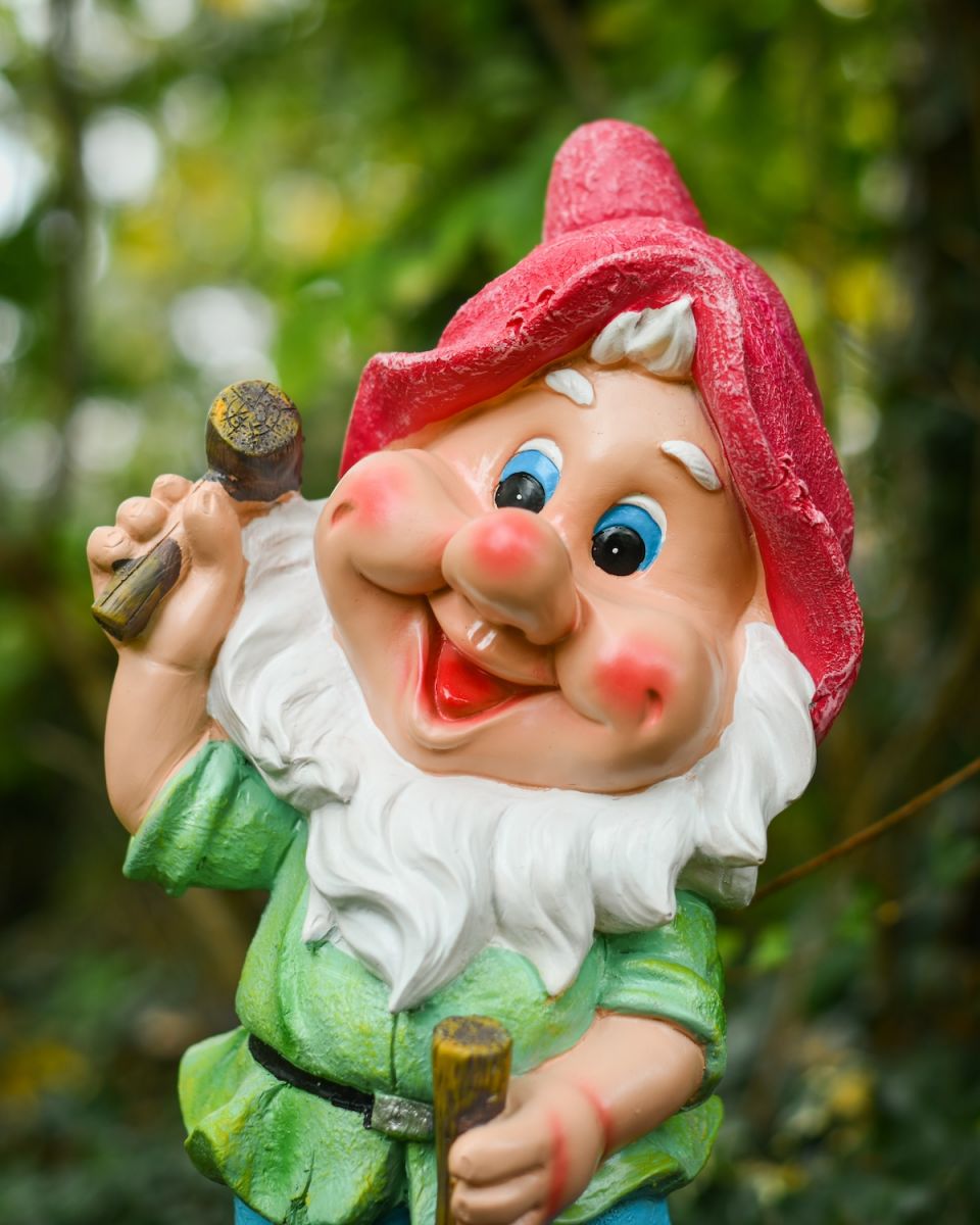 Close up of intricate detail on colourful garden gnome ornament