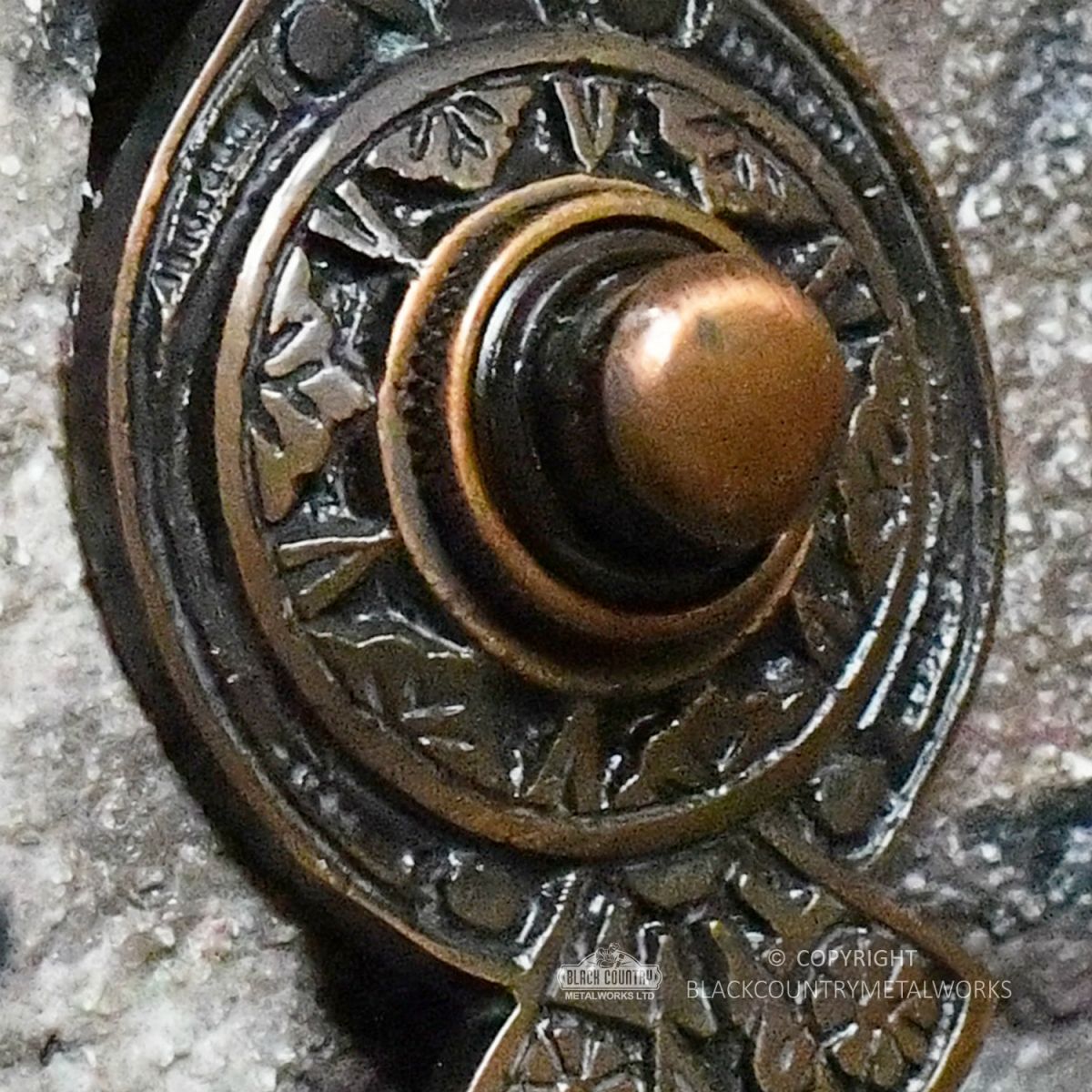 Close Up Of “Hampern Close” Antique Copper Decorative Bell Push